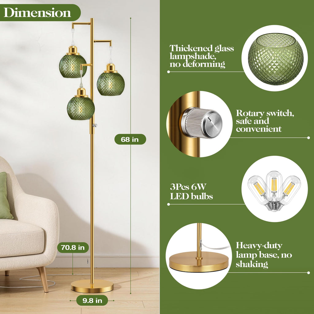 Modern Glass Floor Lamps, 3 Lights Standing Lamp, Green