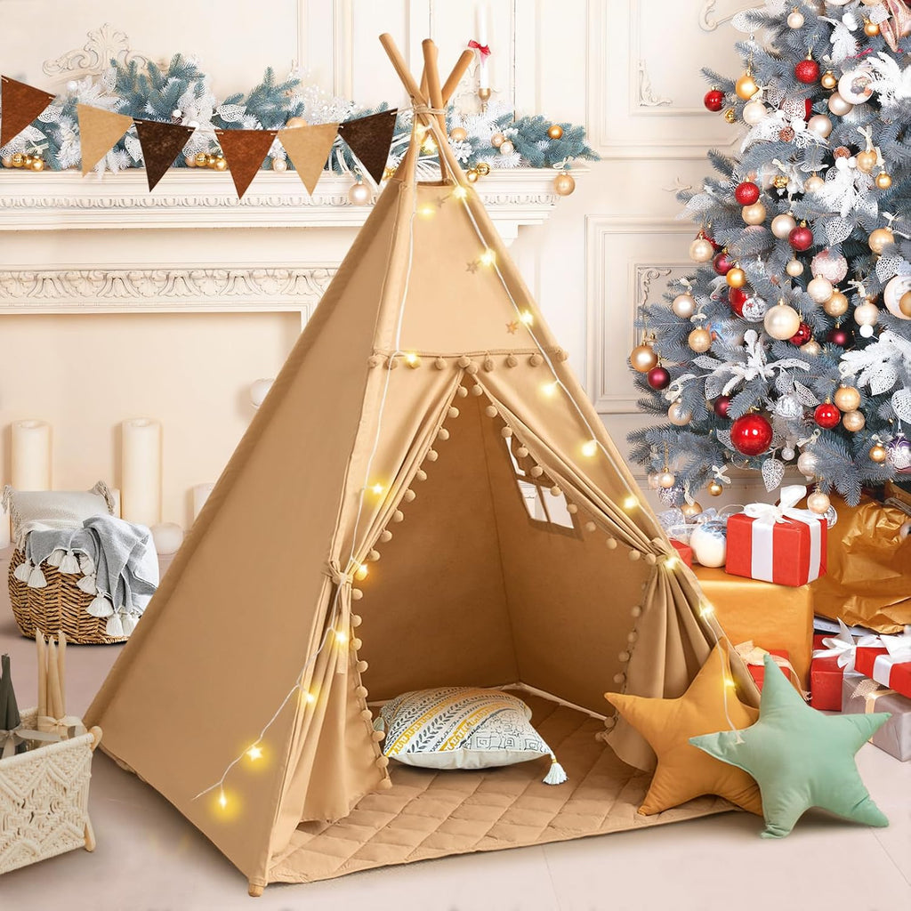 Teepee Tent for Kids with Mat, Cotton Canvas Kids Teepee with Pompom for Toddlers Indoor Play Tent for Girls Boys