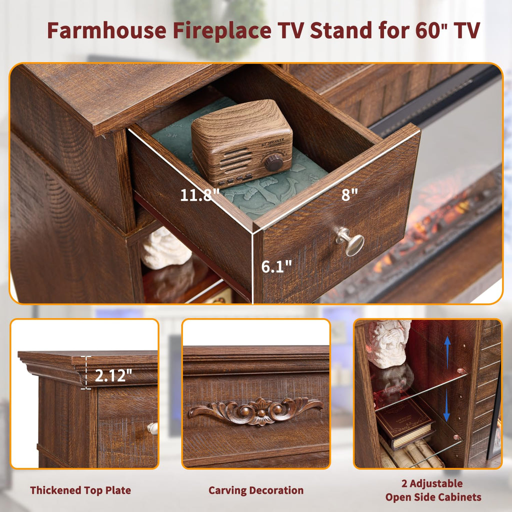 54" Farmhouse Electric for 60 Inch TV, 33" Tall LED Entertainment Center w/7 Color, Open Adjustable Shelves &