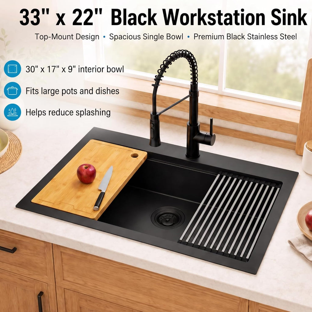 Black Drop Sink 33" X 22",Top Mount 16 Gauge Stainless Steel Workstation Sink,Deep & Large Single Bowl Kitchen Sinks