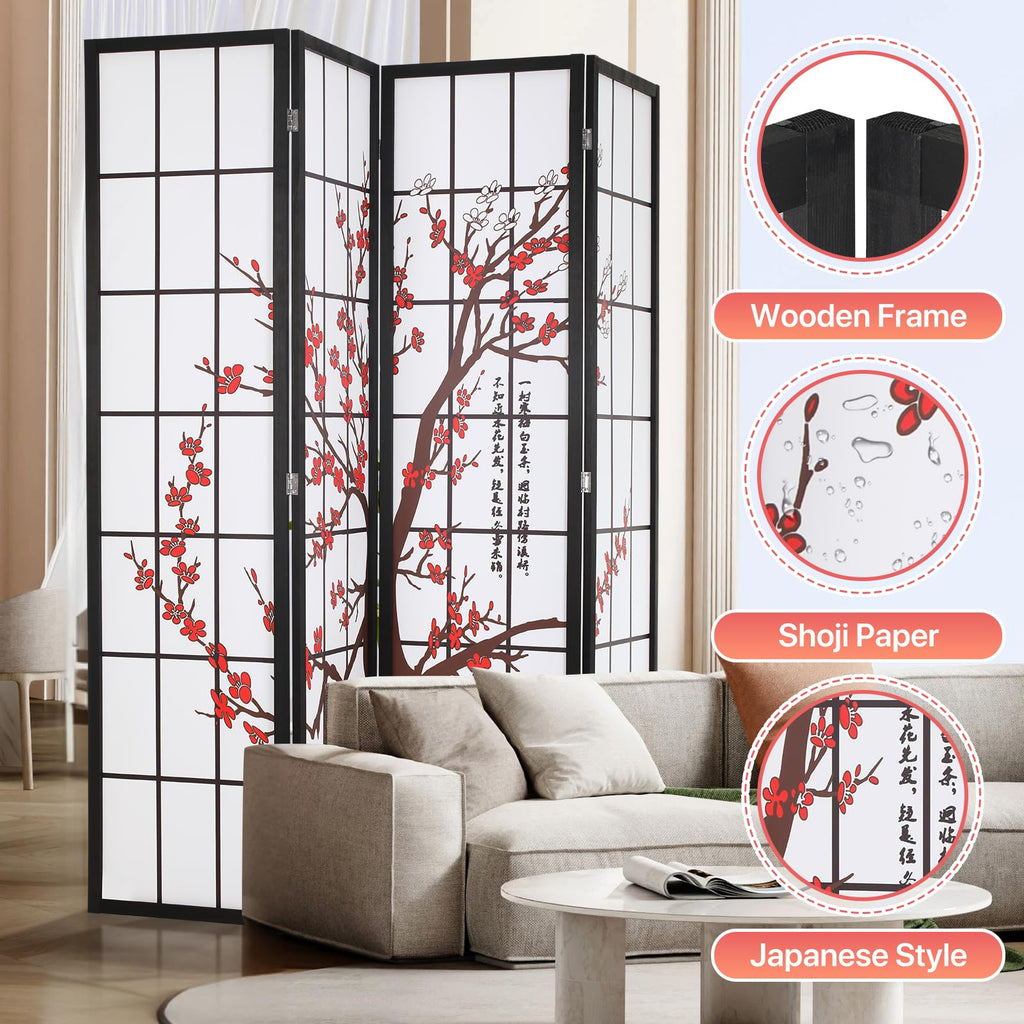 Japanese 4-Panel Screen Room Divider, 6Ft Folding Privacy Divider, White