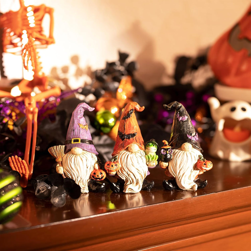 Gnomes Halloween Decorations Indoor, Resin Gnome Decor with Bat Witch Hat, Halloween Figurines Elf Dwarf - Set of 3