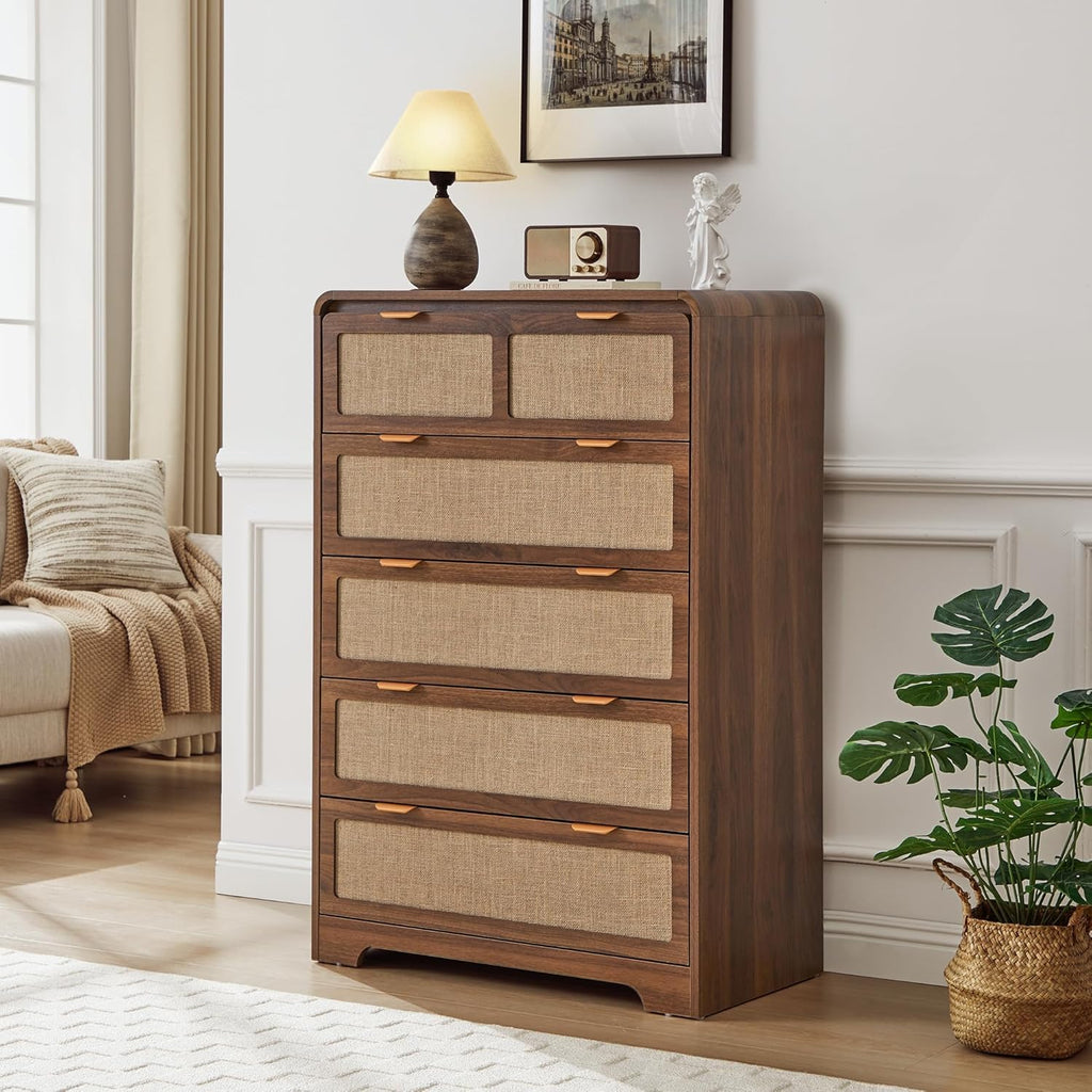 43" Tall 5 Drawer Dresser, Modern Wood Dresser, Walnut