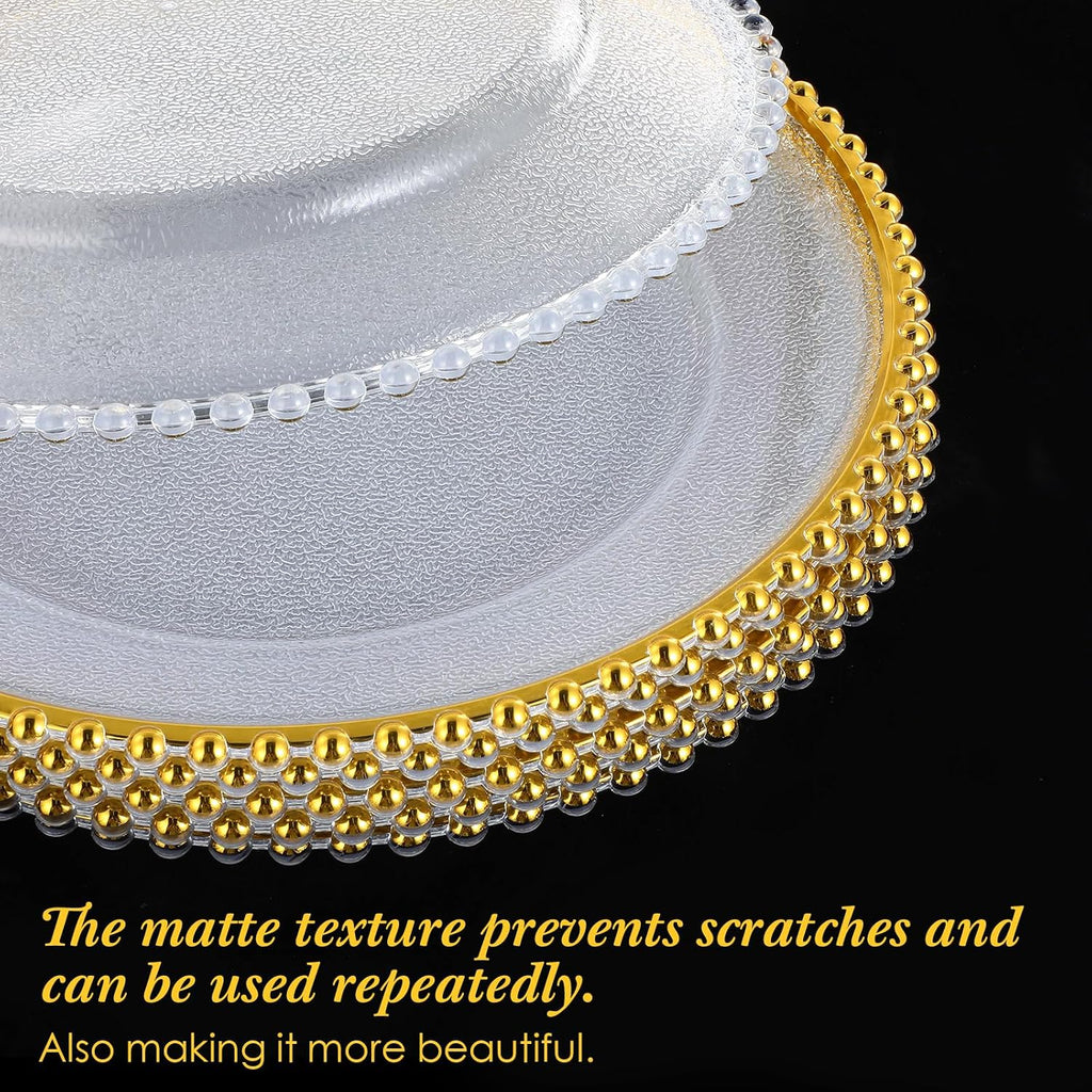 Clear Charger Plates Bulk 13 Inch Plastic Round Beaded Dinner Chargers Acrylic Frosted Grain Decorative - Set of 12