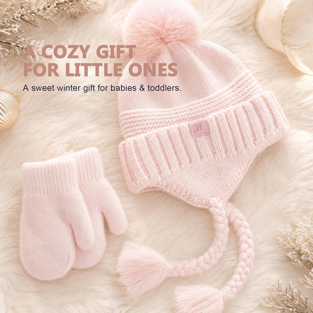 Baby Girl Winter Hat and Mittens Set, Wool Blend Pom Pom Beanie With Ear Flaps, For Infant Toddler Girls 0