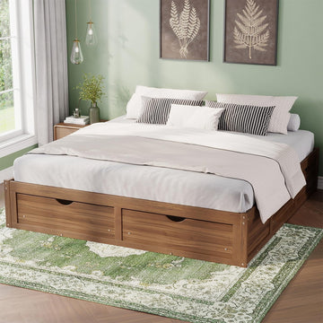 King Size Wooden Floor Bed Frame with 6 Storage Drawers