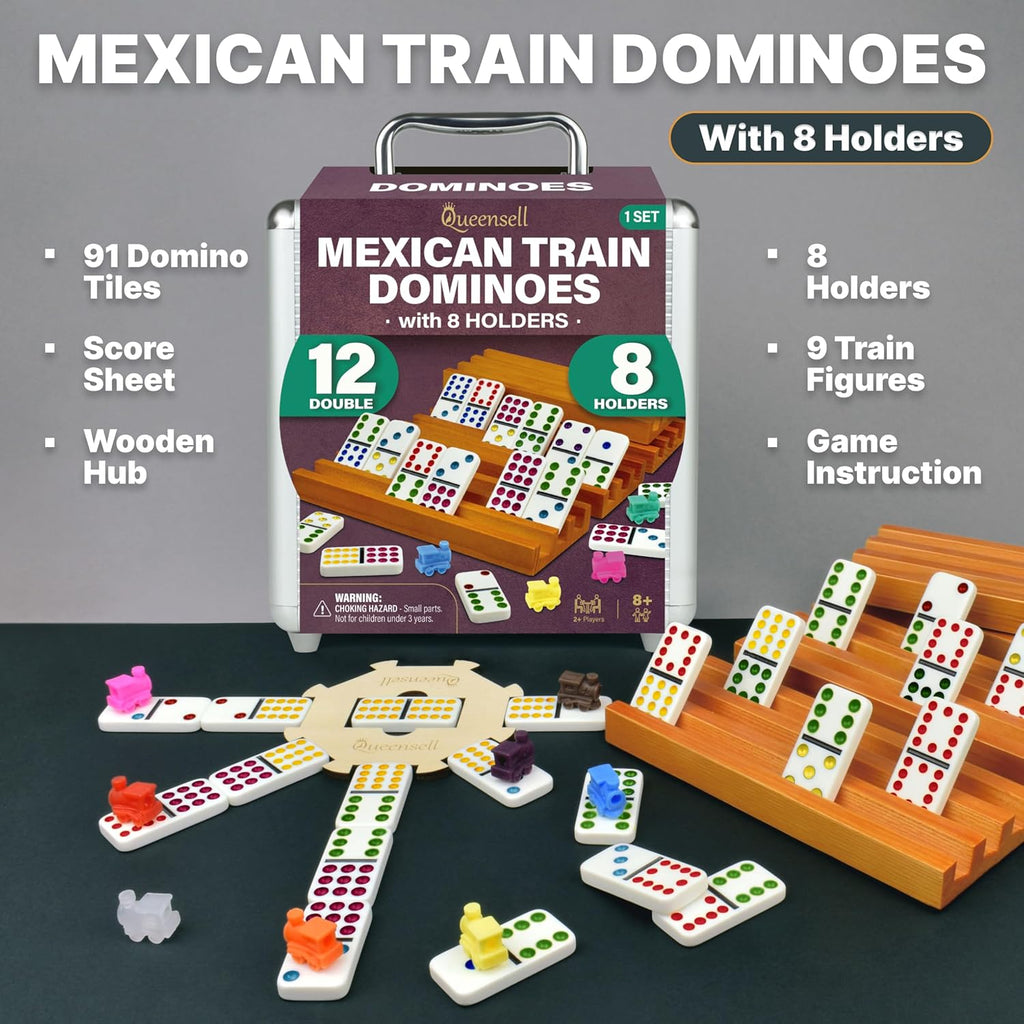 Mexican Train Dominoes Set with 8 Holders - Wooden Hub and Tiles Holders - Double 12 Tiles with Dots (D12 + 8 Holders)