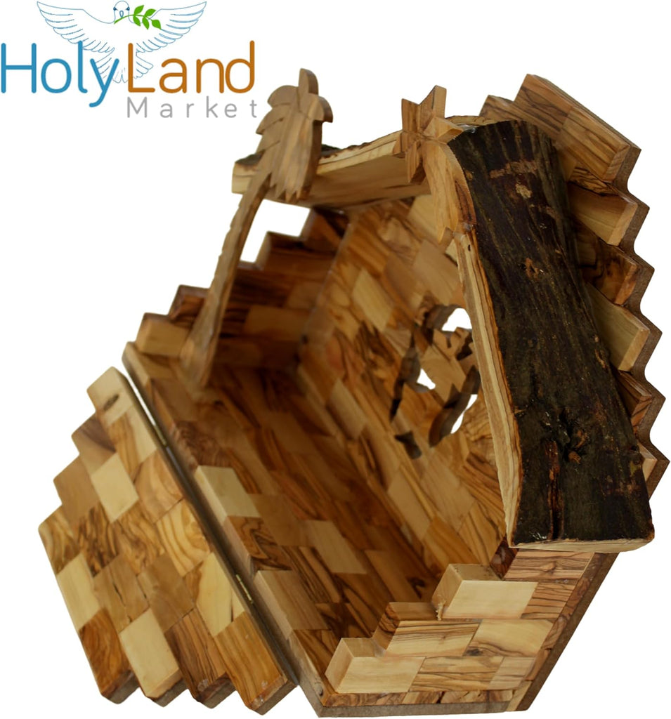 Land Market Traditional Olive Wood Nativity Set - Antique Style Bethlehem Stable, 12 Handmade Pieces - Christmas