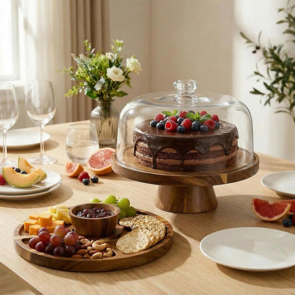 Acacia Wood Cake Stand with Lid 11.4" Charcuterie Board With Lid Multiuse Wooden Cake Stand with Dome Acrylic 6 in 1 - Set of 6