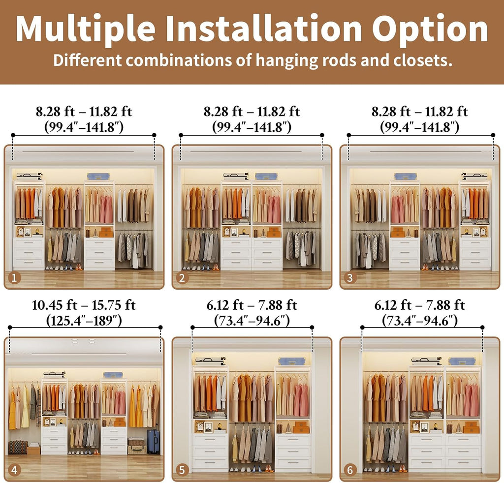 Closet System with 6 Drawers, 4FT-15FT 2-Piece Closet System, Walk in Closet Organizer System, Modular Closet System
