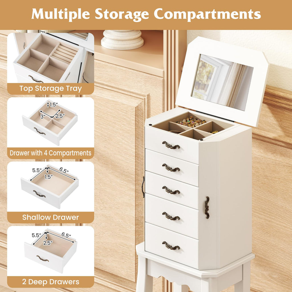 Standing Jewelry Armoire, Space-Saving Jewelry Organizer Chest (White)
