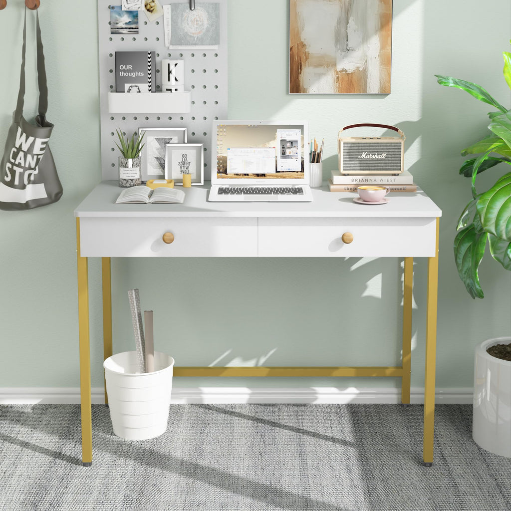 Computer Desk with Drawers, Home Office Workstation, White Gold