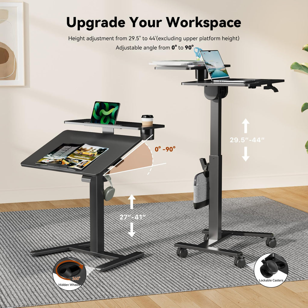 28" Mobile Standing Desk, Tiltable Top with 2-Tier Shelves, Black
