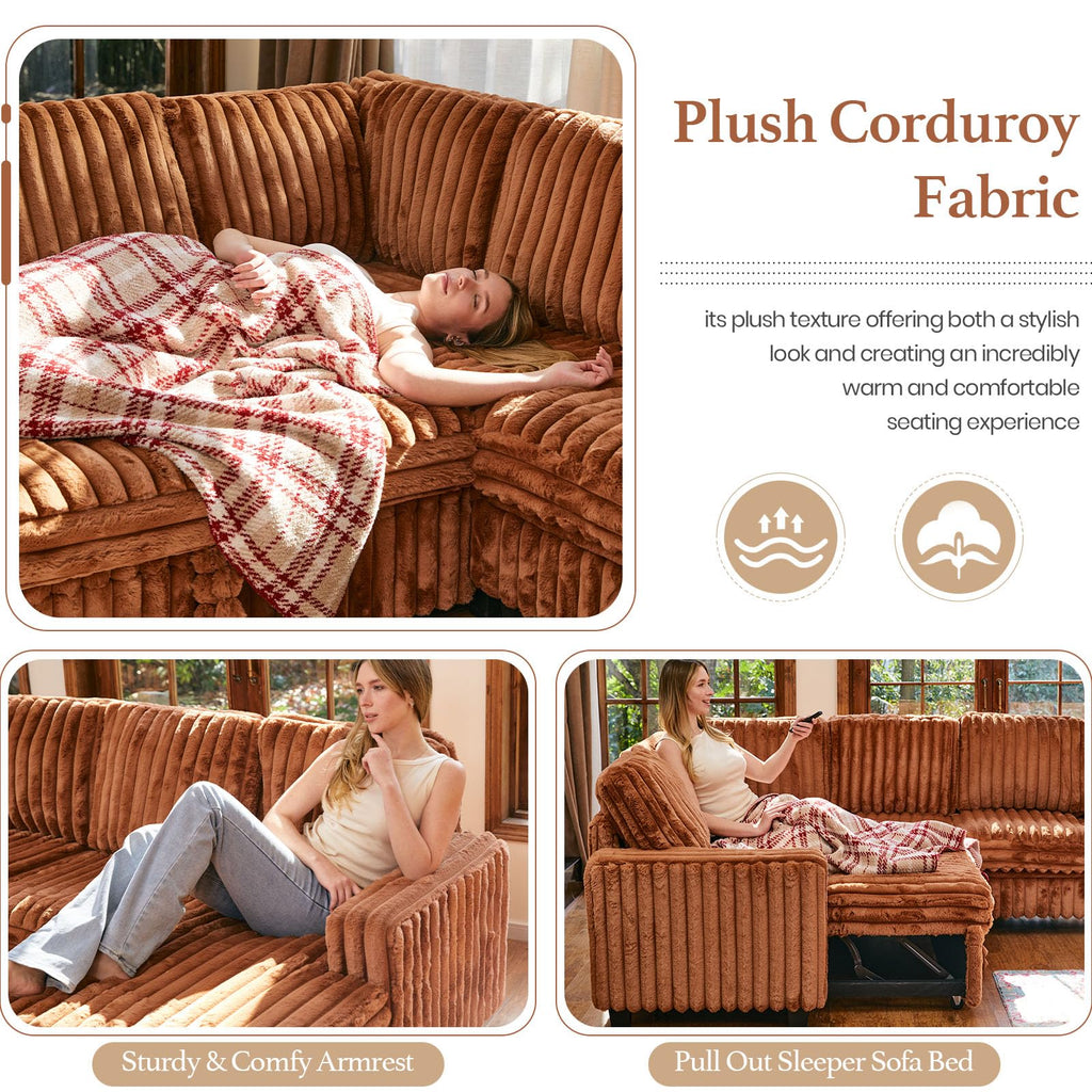 Oversized Sofa Bed Modular Sectional Sleeper Sofa with Pull Out Bed L Shaped Couch with Storage Chaise Brick Red Couch