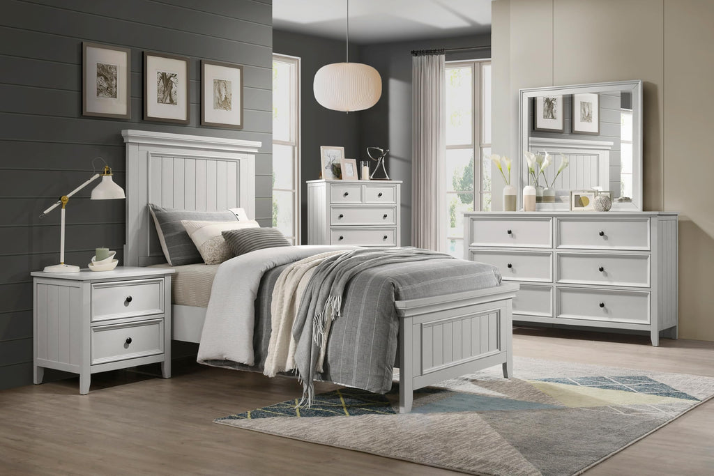 Wood Panel Bed Frame, Shiplap Headboard and Footboard, Off-White
