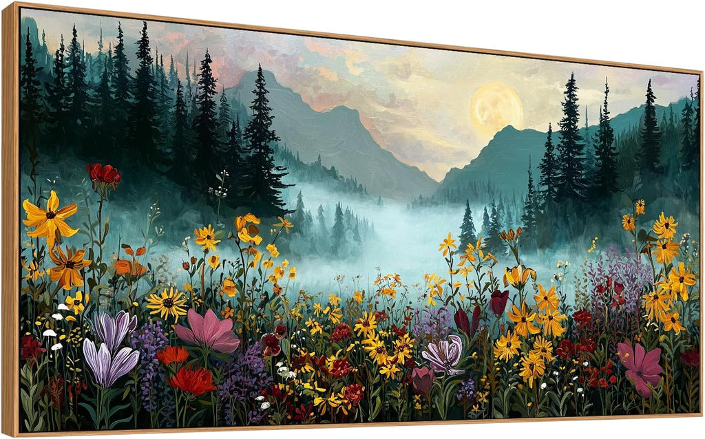 Framed Canvas Wall Art - Mountain Landscape with Wildflowers Wall Decor Moon Over Misty Forest Nature Painting Print