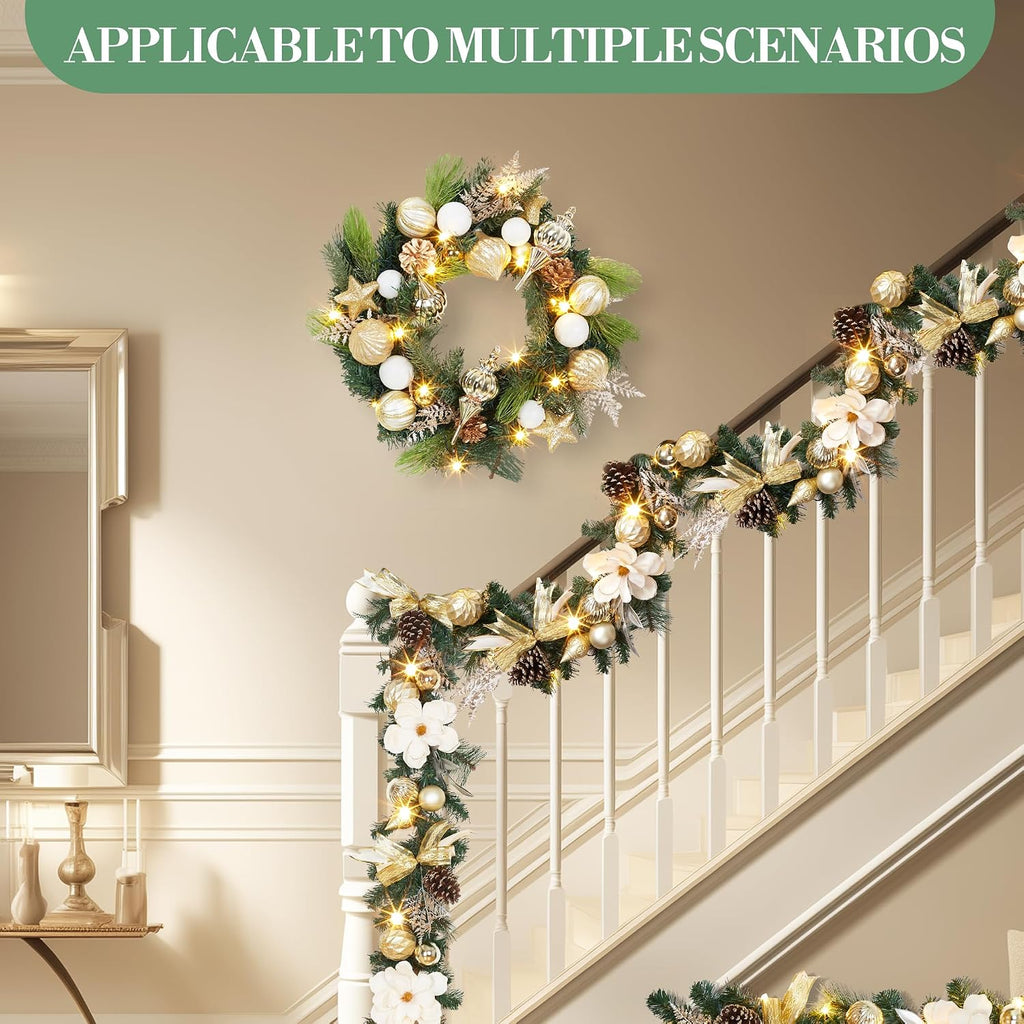 24-Inch Pre-Lit Christmas Wreath with 20 Battery-Operated LED Lights - Artificial Magnolia, Poinsettia & Gold White