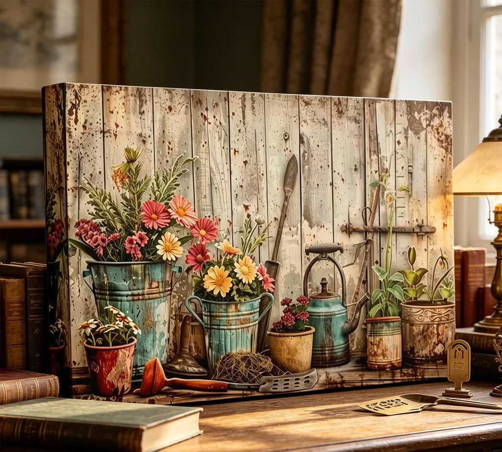 Rustic Garden Floral Canvas Wall Art, Vintage Watering Can Painting Picture Wall Decor, Retro Plant Bucket Poster