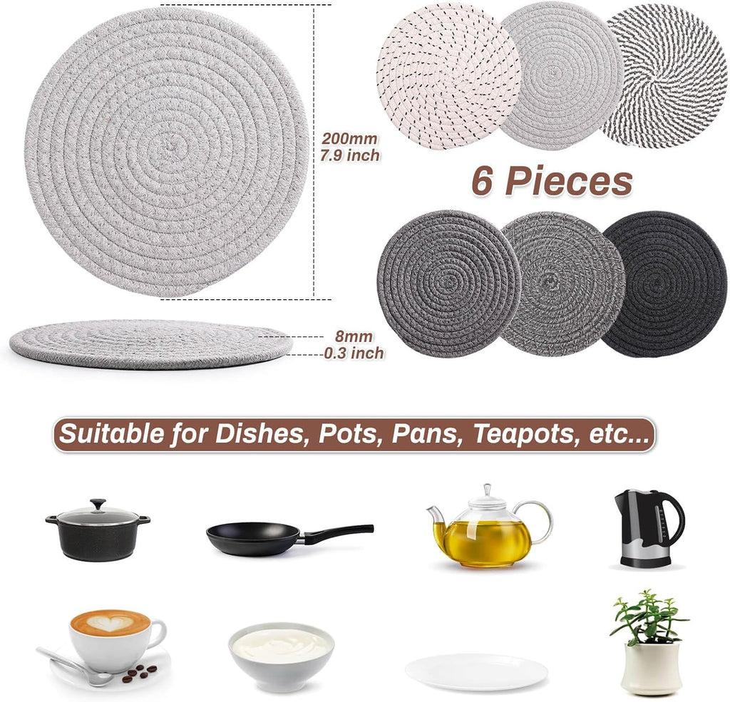 8'' Trivets Hot Dishes, Hot pots and Pans, 6 Heat Resistant Hot Pads, Pot Holders Kitchen, Hot Plate Mats Kitchen