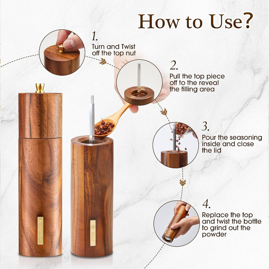 Acacia Wooden Salt and Pepper Grinder Set with Gold Label, Premium 8 Inches salt and pepper shakers, Manual - Set of 2