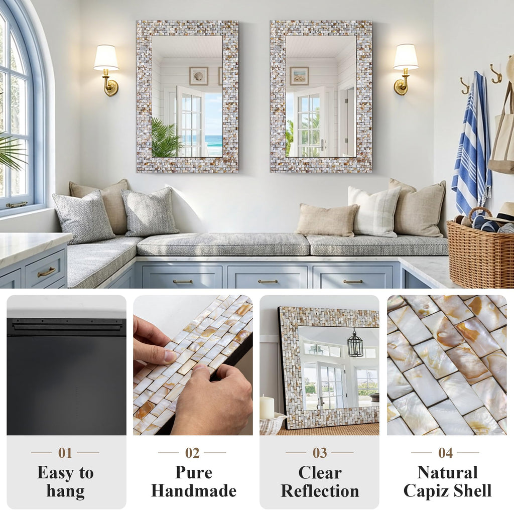 36" x 24" Large Bathroom Mirror Above Sink, Modern Coastal Mirror with Natural Capiz Seashell Frame