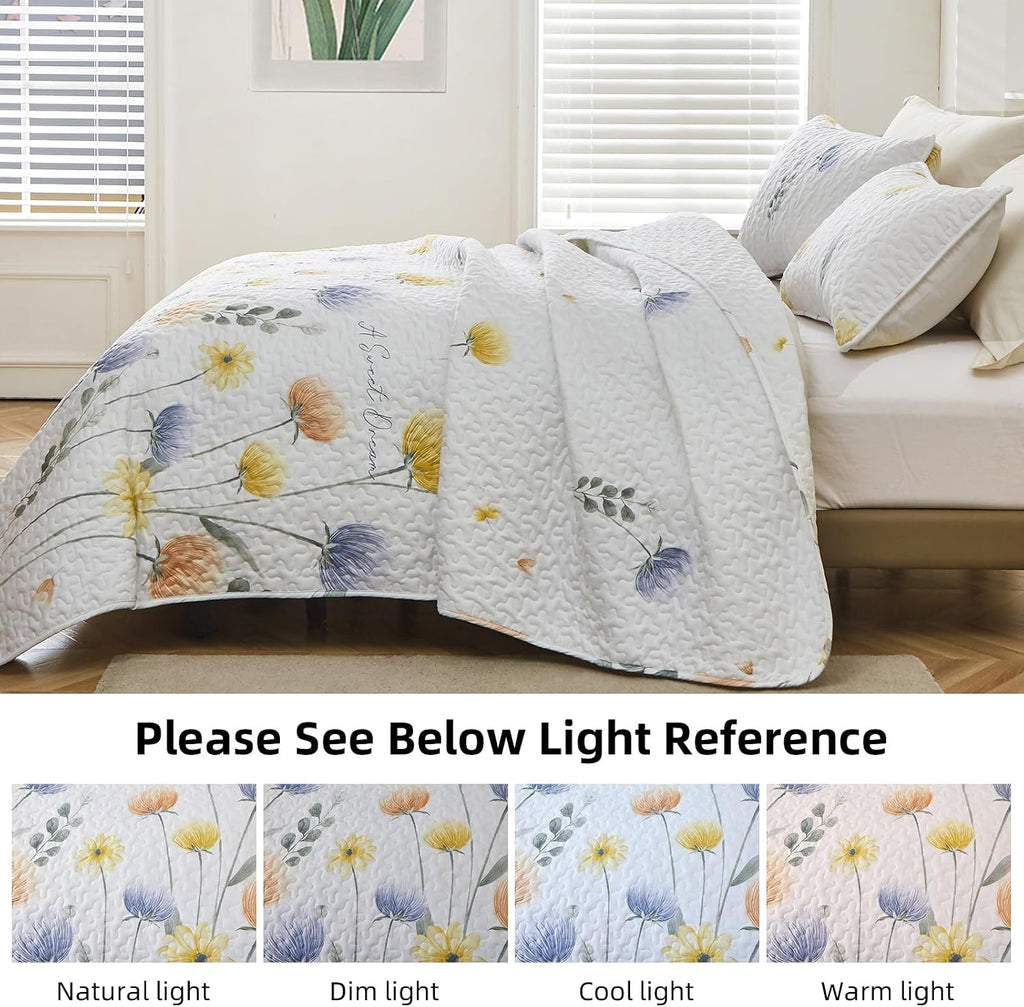 Floral Quilt Set Queen 3 Pieces Blue & Yellow Quilts Bedding Set Bohemian Bedspread Bed Cover Lightweight Spring