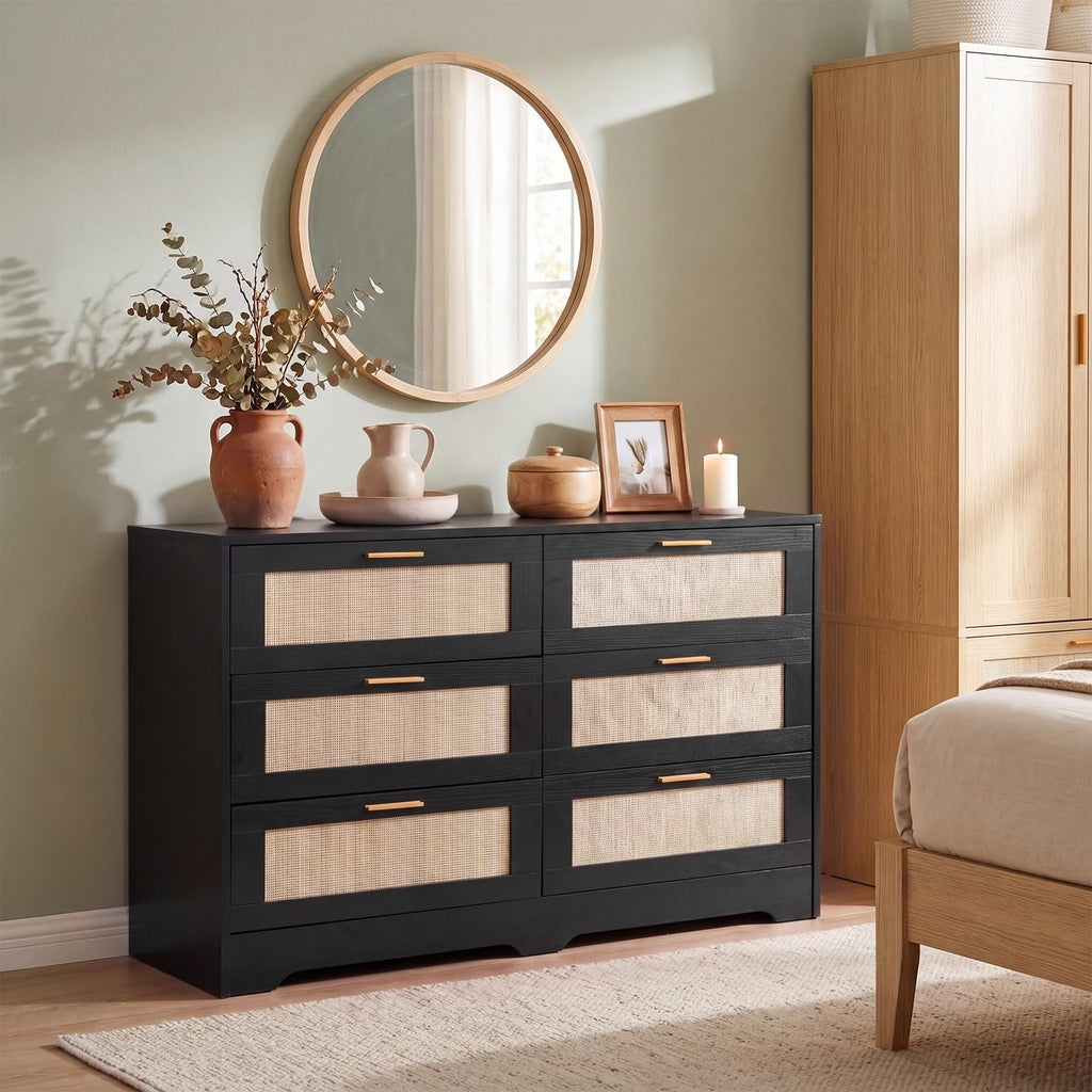 Dresser 6 Drawer Dresser Bedroom Furniture Storage Living Room Hallway, High Weight Capacity 300lbs, Imitation Rattan