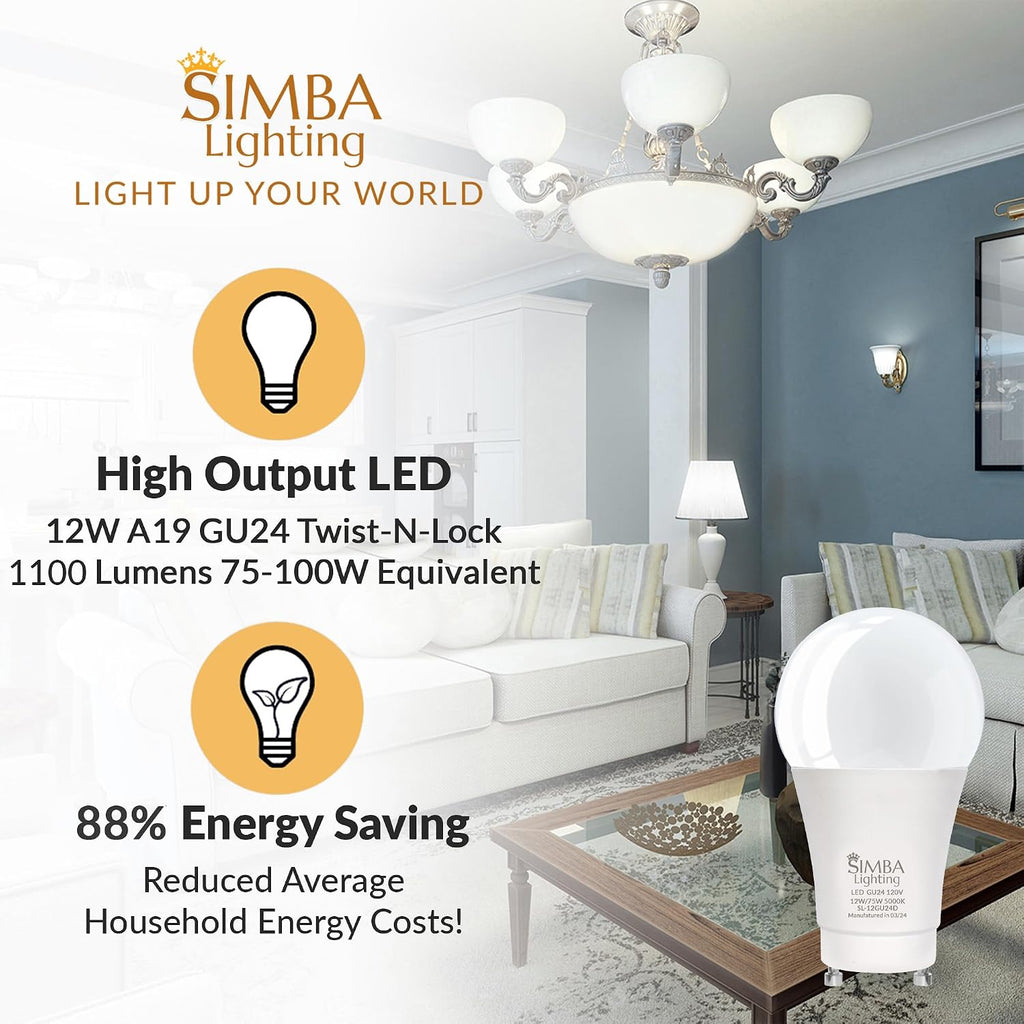 LED GU24 A19 12W 120V Bulb Twist and Lock Base 5000K, 4 Pack