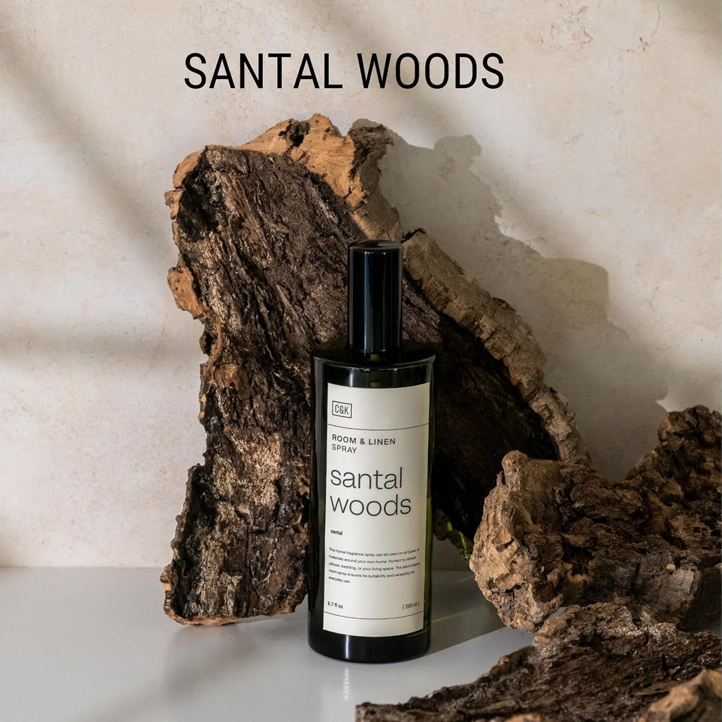 Premium Santal Woods Room Spray - Long-Lasting Air Freshener - Natural Essential Oil Linen & Pillow Spray - Odor