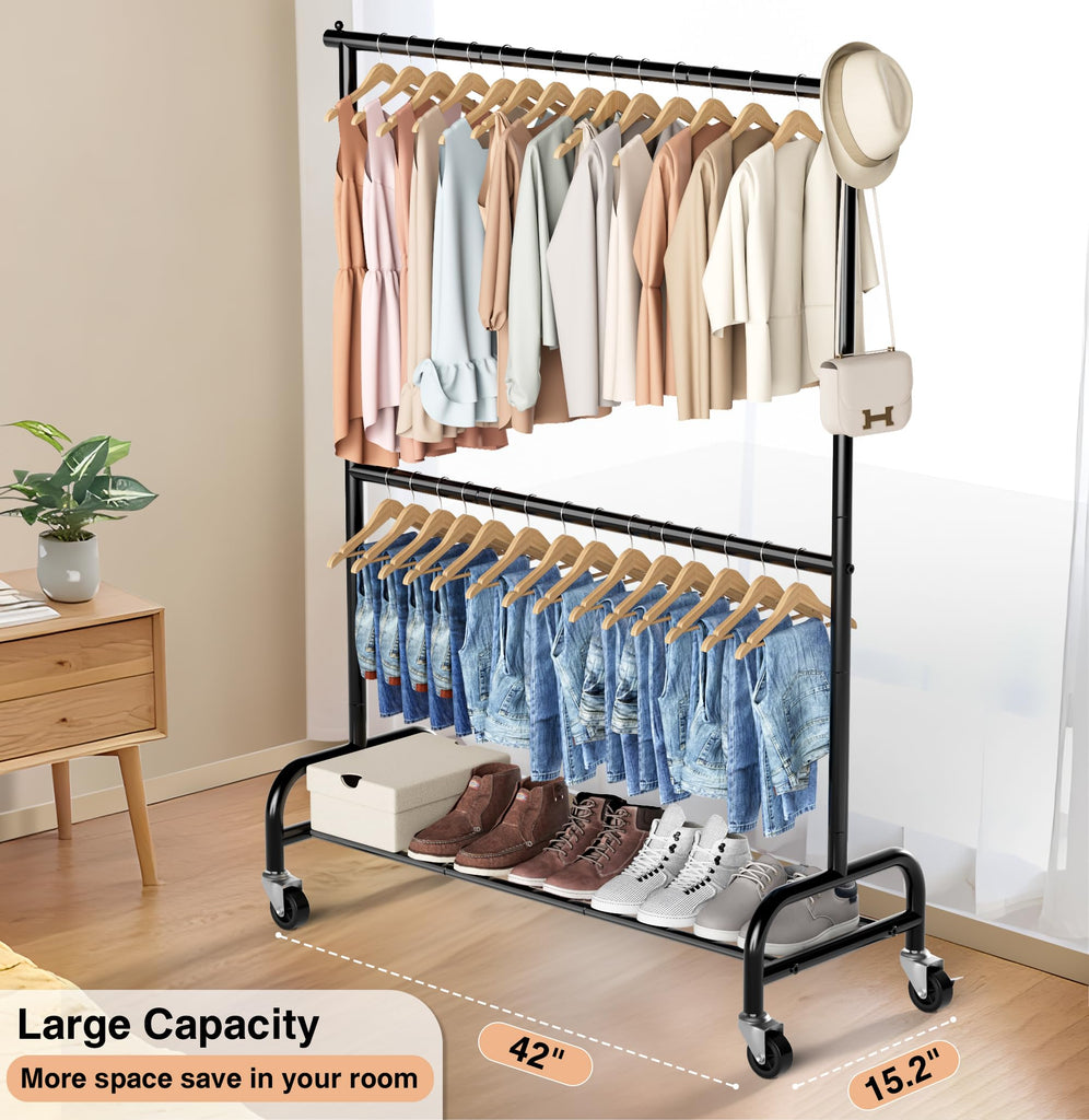 Heavy Duty Clothing Racks for Hanging Clothes Rack Double Rod Garment Rack Rolling Closet Wardrobe Rack on Wheels