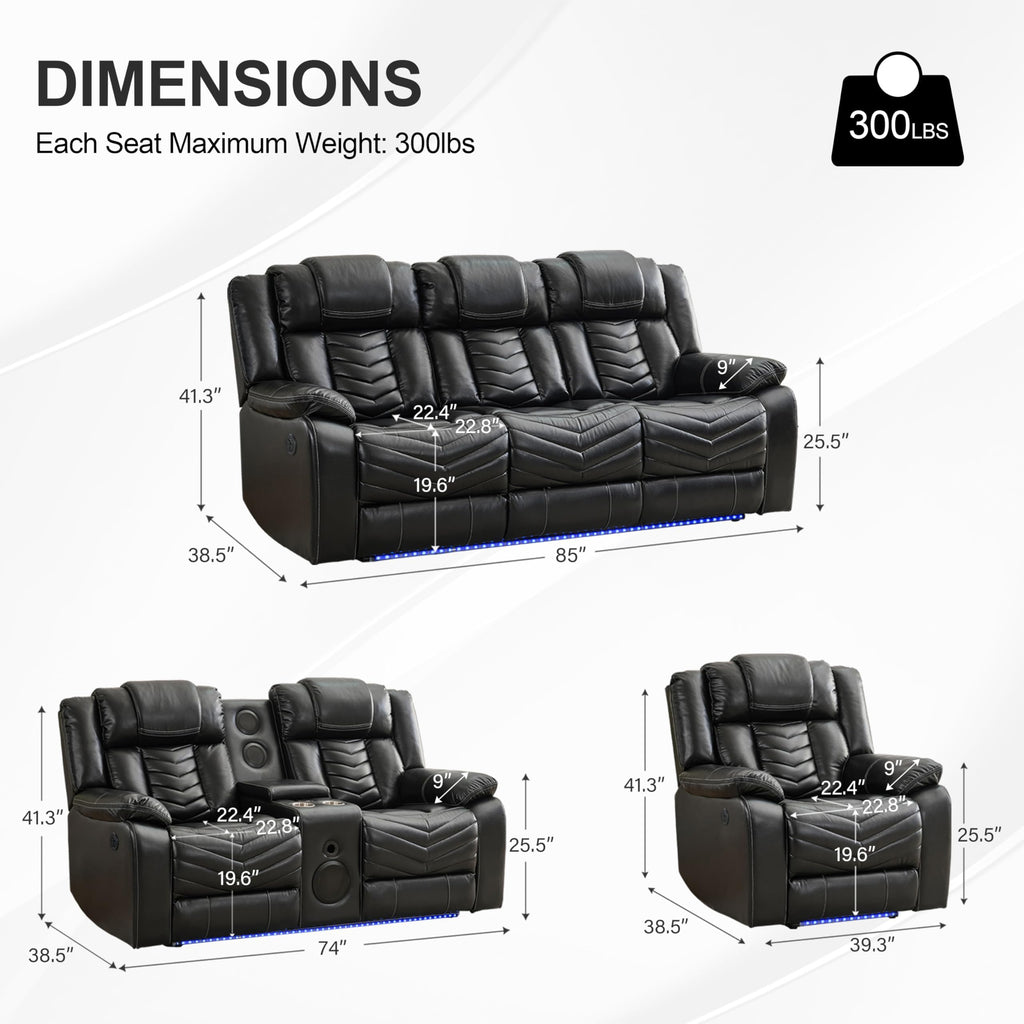 Power Recliner Sofa Set with Zero Gravity, Bass Speaker, Wireless Charger, USB/Type-C Ports, LED Lights, Cup Holders, Faux
