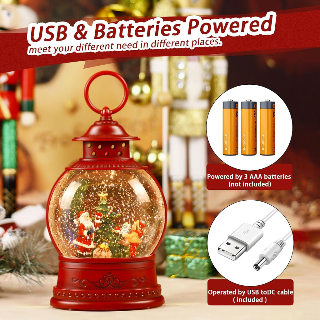 Christmas Snow Globe, Santa Lighted Snow Globes Lantern, 6H Timer, Battery & USB Operated Christmas Tree Snow Globe