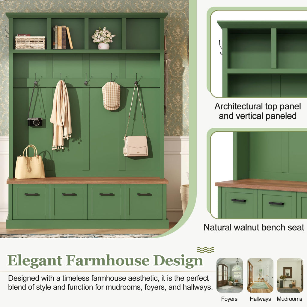 55" Farmhouse Hall Tree with Black Hooks & Walnut Bench, Green