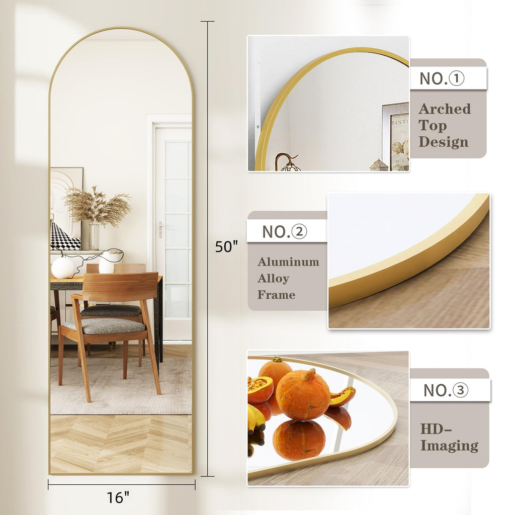 50"x 16" Door Mirror, Arched Full Length Mirror Over The Door, Gold