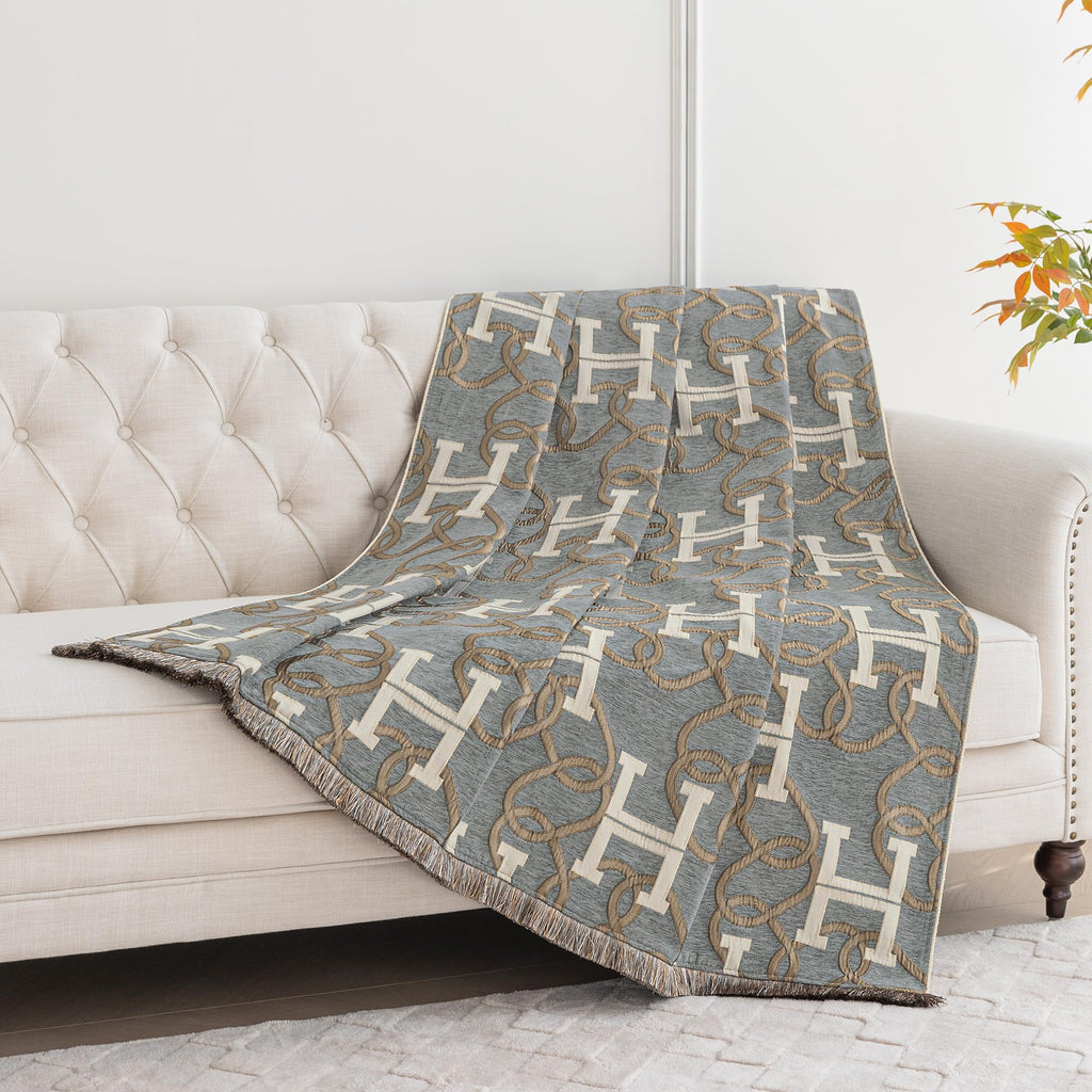 Jacquard Letter H Throw Blanket for Couch, 52"x72", Gray