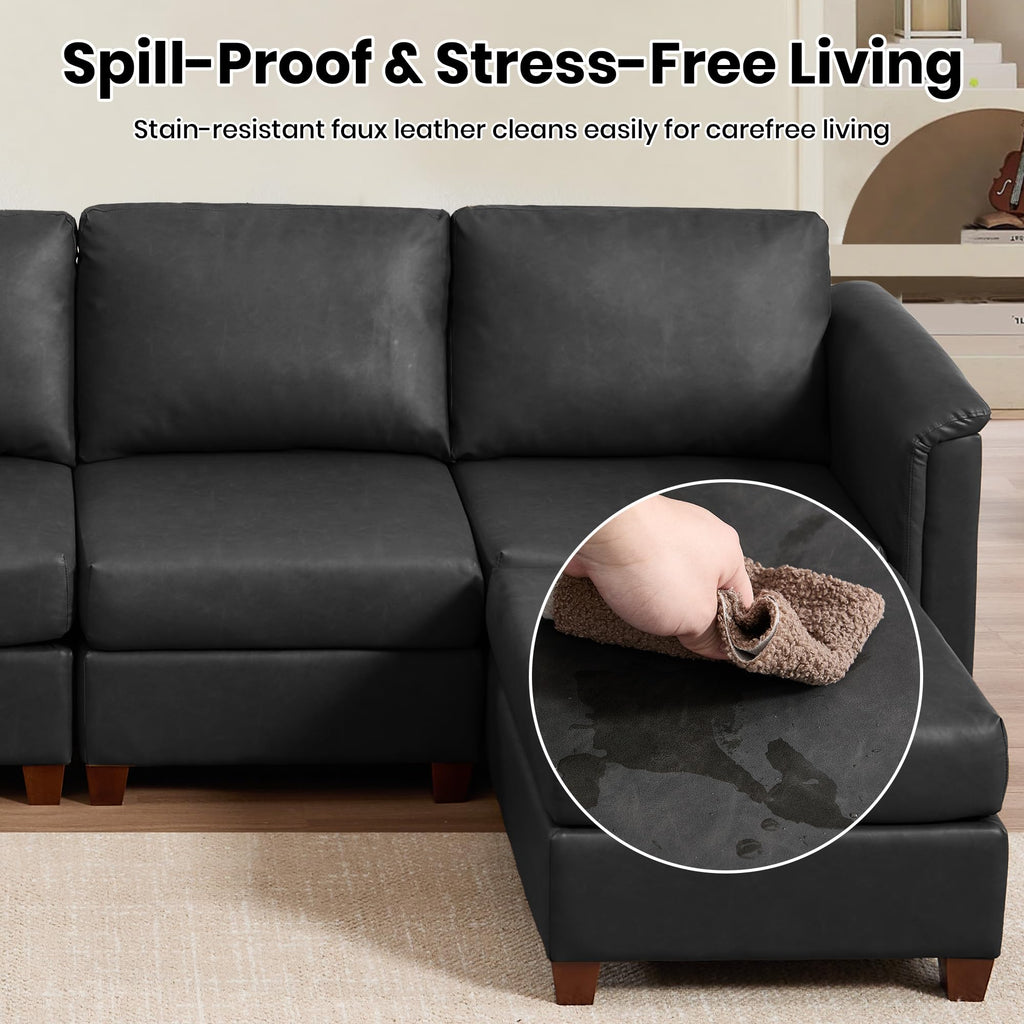 115" Modern Sectional Sofa, Faux Leather Modular Sectional Couchs with Storage Waterproof Convertible U/L Shaped Wide