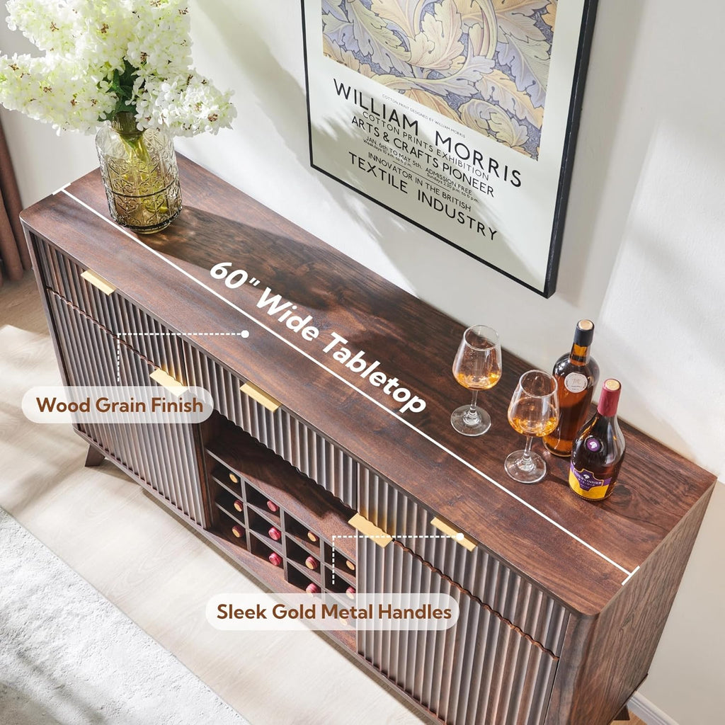 60" Fluted Wine Bar Cabinet, Mid-Century Modern Sideboard, Dark Walnut | 3 Spacious Drawers, 3 Stemware Racks, 12