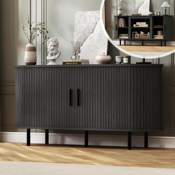 55'' Mid Century Modern Fluted TV Stand-Curved TV Cabinet with Storage, Sliding Doors & Adjustable