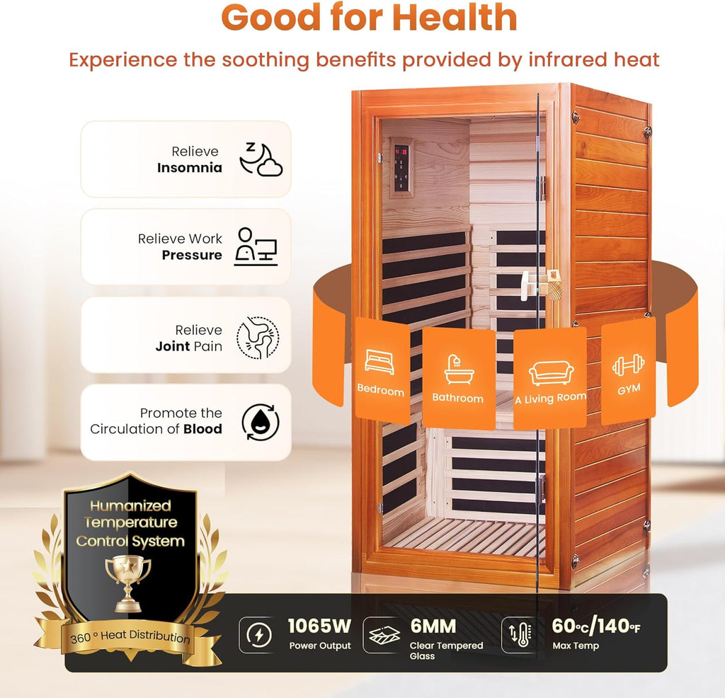 Far Infrared Sauna for Home 1 Person Indoor Wood Sauna Personal Spa Room 1065W 120V with Red Light Bluetooth Speakers