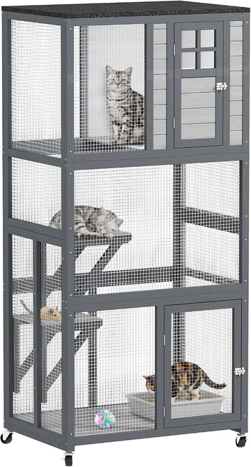 74" Wooden Catio Outdoor Cat Enclosure Weatherproof & Wheeled, Outside Cat House with High Weight Capacity, Kitten