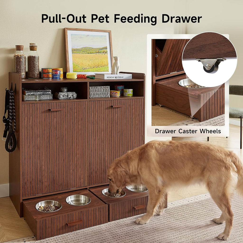 Large Dog Food Storage Cabinet & Dog Feeding Station, Dark Walnut