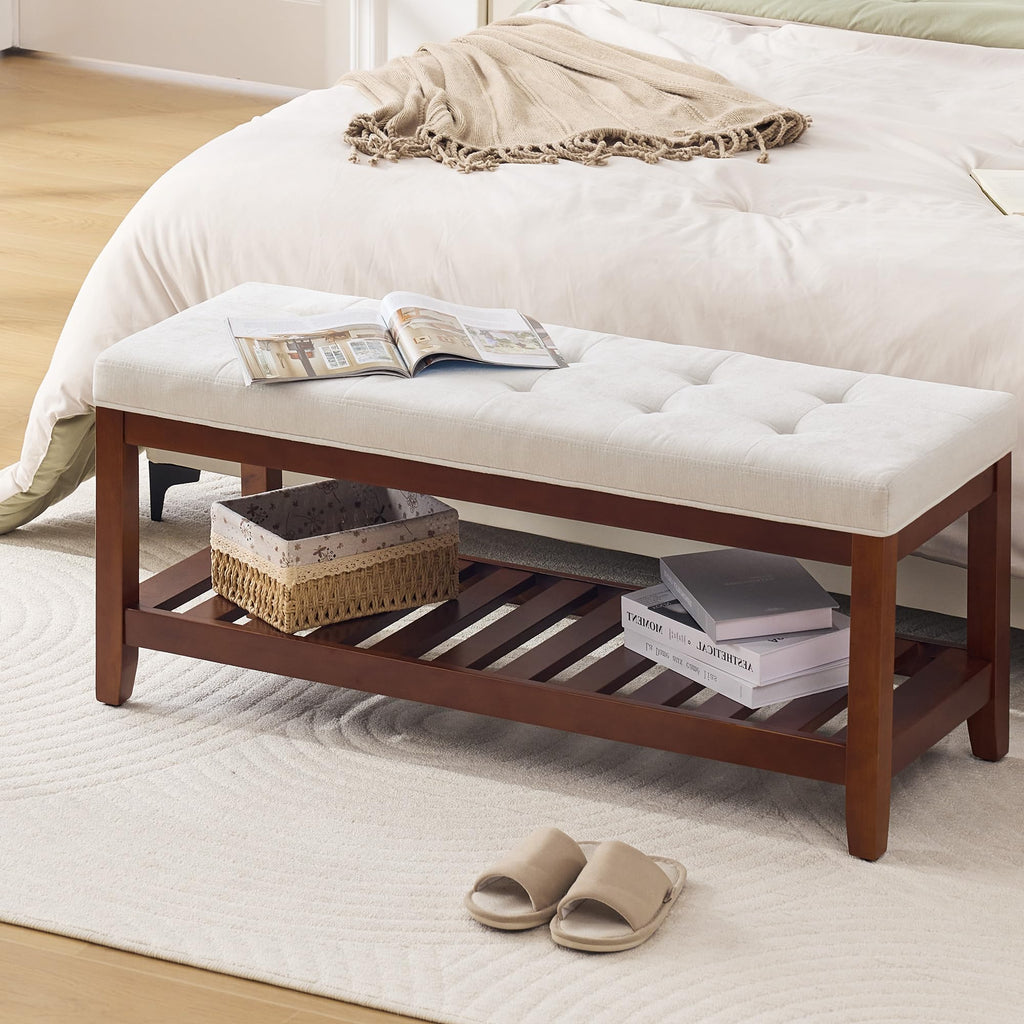 44" Entryway Shoe Bench, Upholstered End of Bed Bench with Solid Wood Shelf, Button Tufted Shoe Bench, Beige