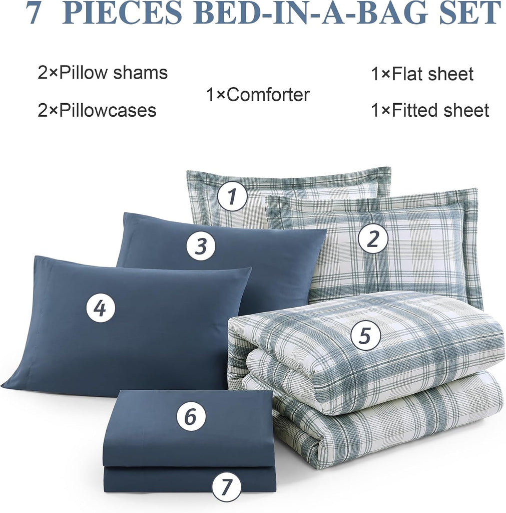 Full Comforter Sets, Blue Grey Plaid Bedding Set 7 Piece for Boys Girls Teen, Classic Homestead-Style Kids Comforter