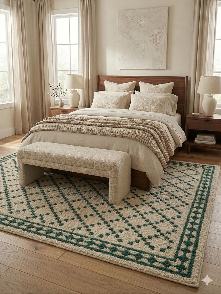 Handmade Moroccan Berber Area Rug 6' x 9', 100% Wool High Pile Shag, Ivory/Cream with Dark Green Small Diamond
