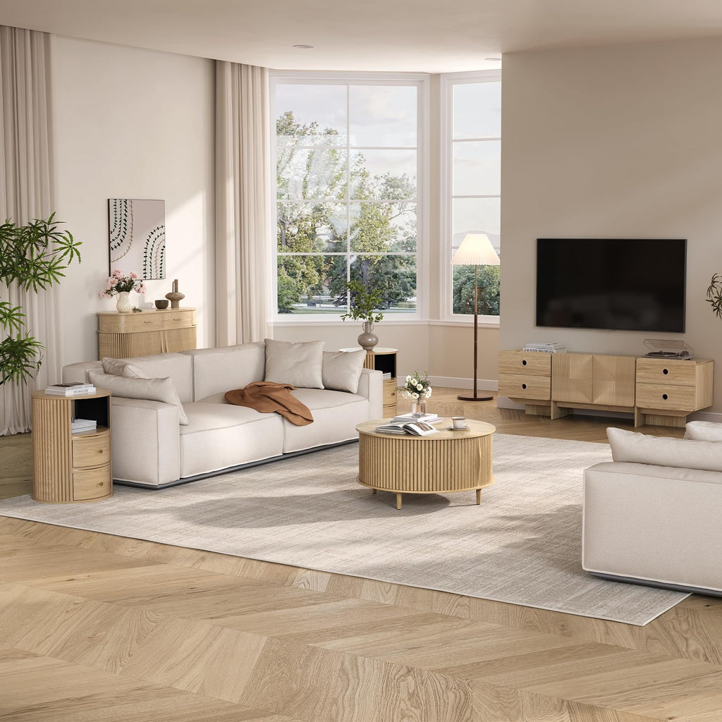 31.5" Round Coffee Table with Storage, Natural Oak