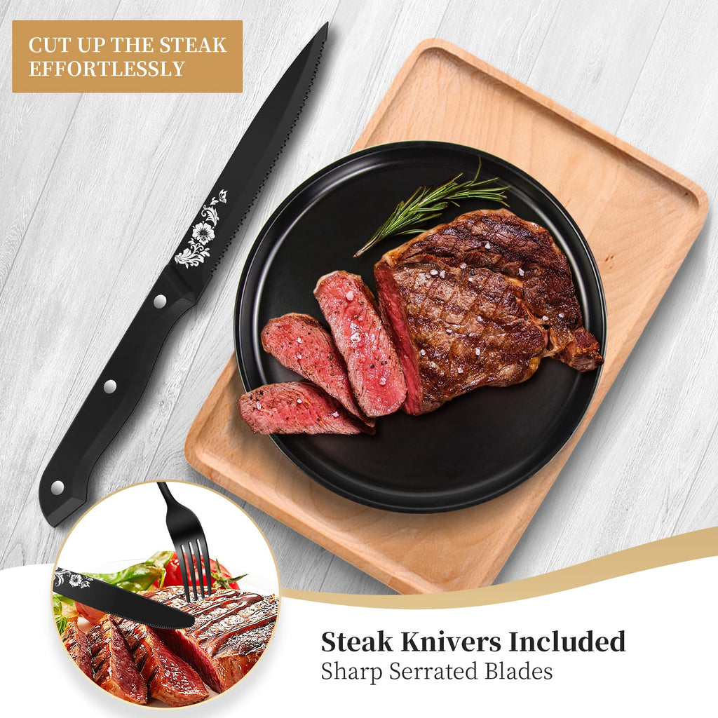 48-Piece Black Silverware Set with Steak Knife, Black Flatware Sets for 8, Stainless Steel Cutlery Set Includes Forks