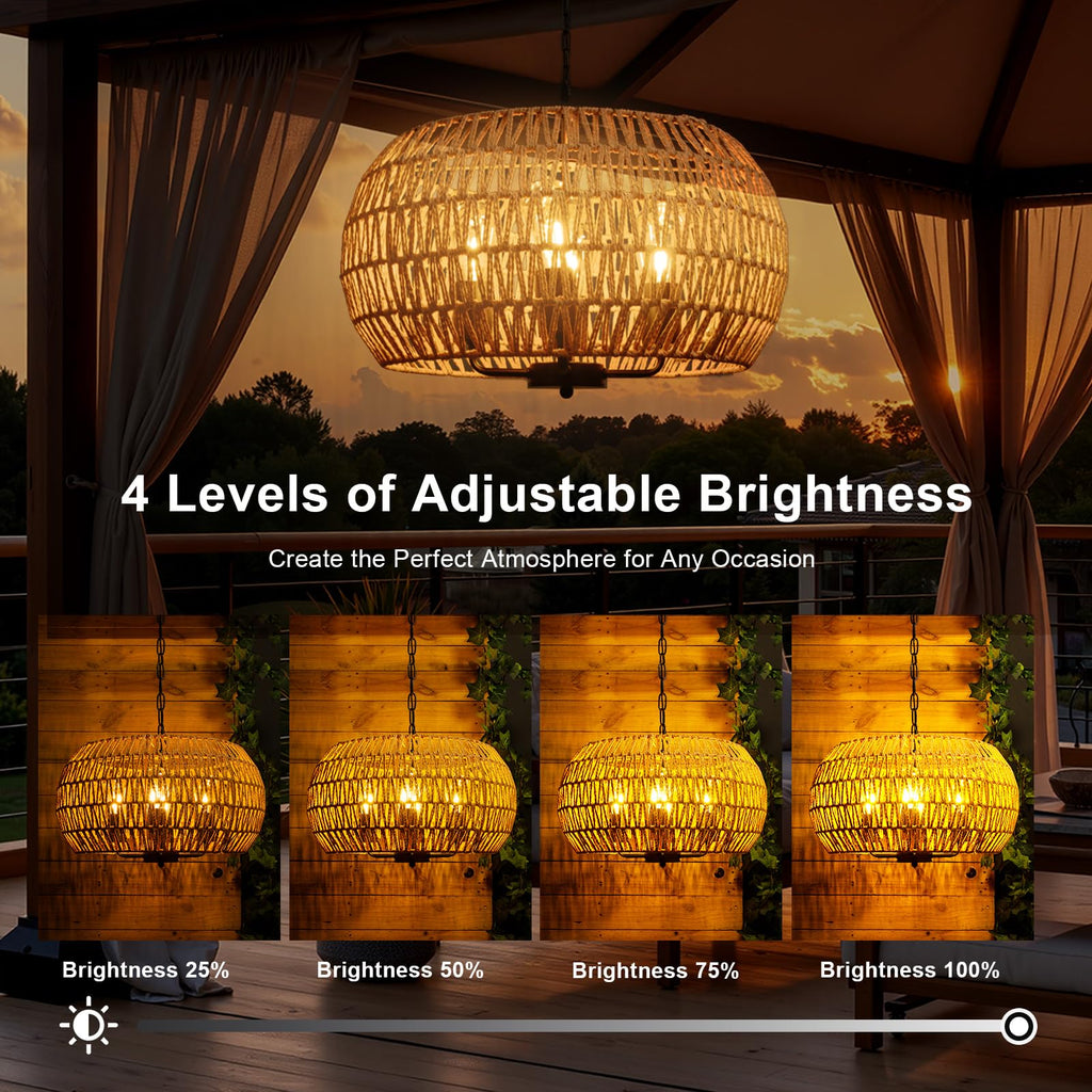 Outdoor Solar Chandelier, 4-Light 19" Rattan Outdoor Chandelier, Hanging Pendant Lights, Waterproof, for Gazebo