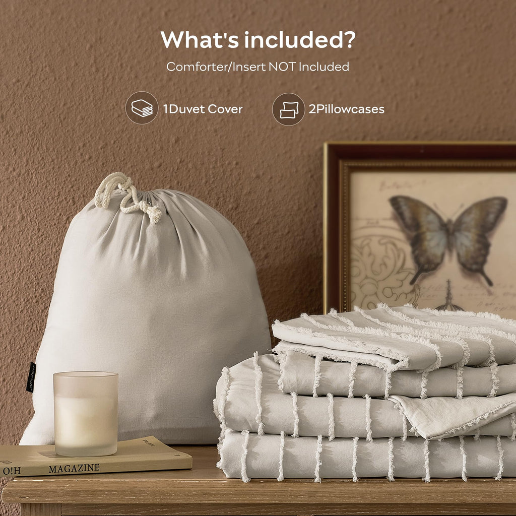 Oatmeal Striped Tufted Duvet Cover Set
