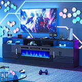 70 Inch Fireplace TV Stand with Power Outlet for TVs up to 80 Inches, Electric Fireplace Entertainment Center with LED Lights and Storage Cabinets, Black