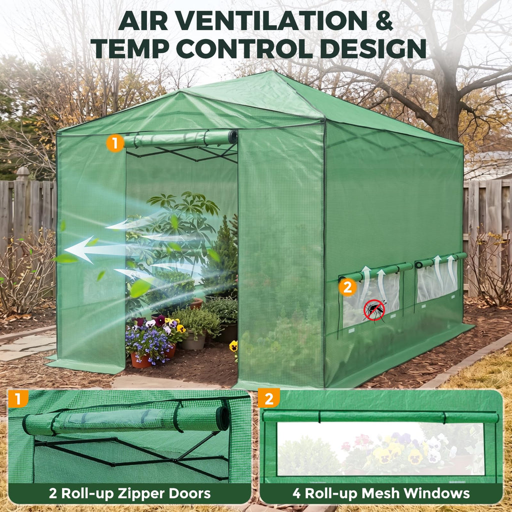 12x8 Easy Setup Pop Up Greenhouse, Support Pole, Clear/Green